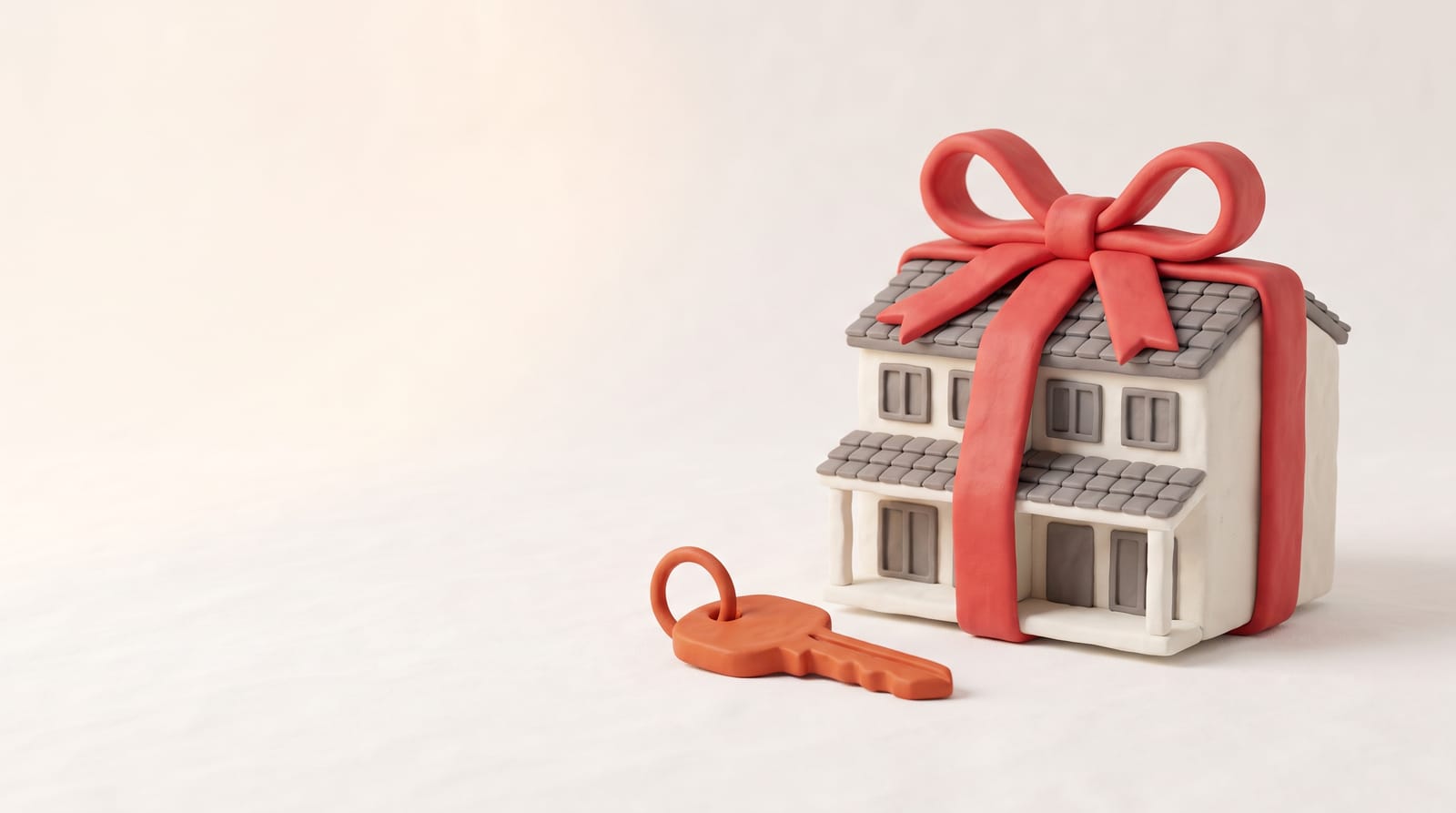 A clay terrace house tied with a red ribbon like a gift, with its key in front