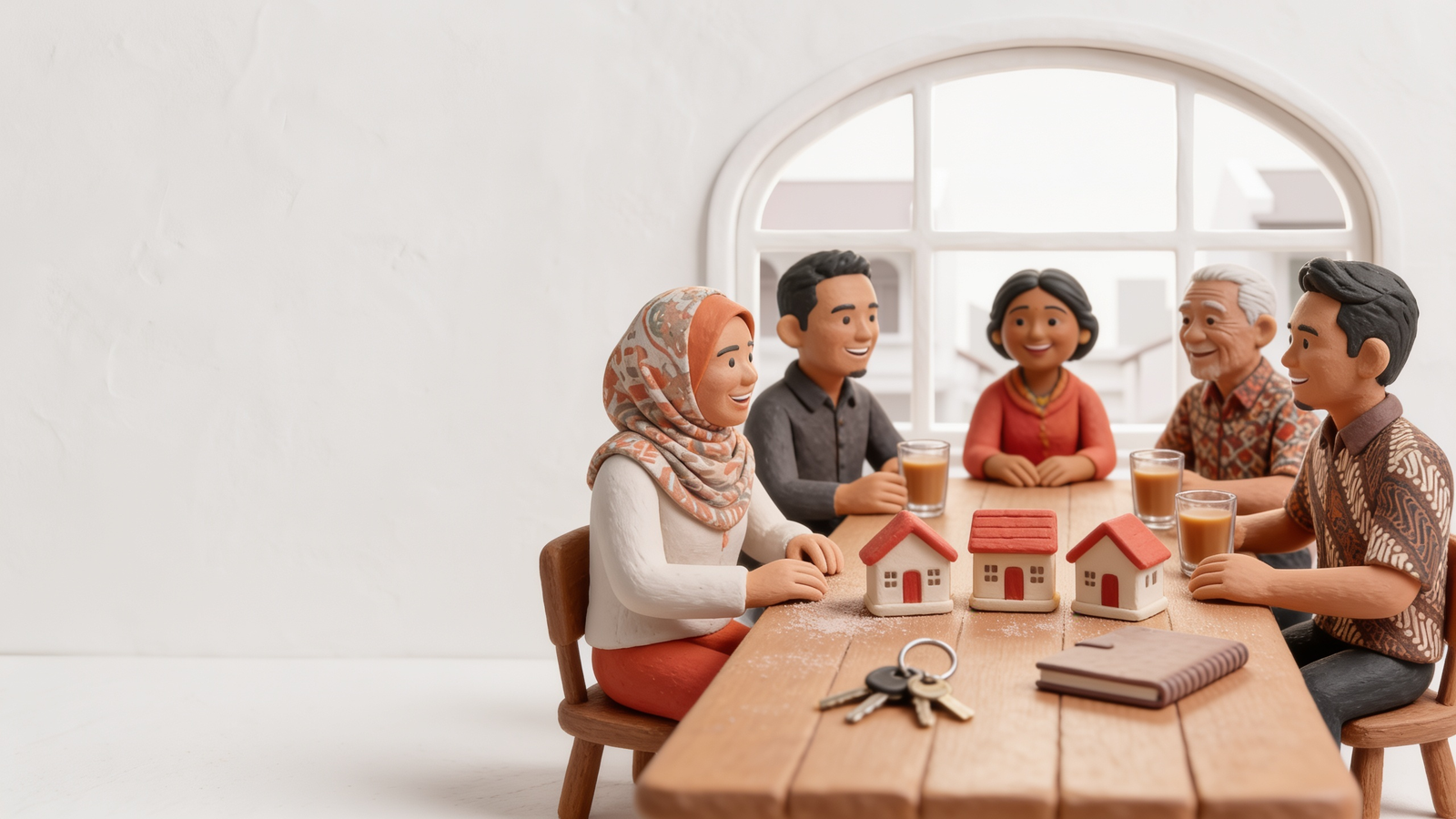 Lima pemilik homestay berbual mesra di meja kayu dengan rumah kecil tanah liat, kunci rumah dan teh tarik