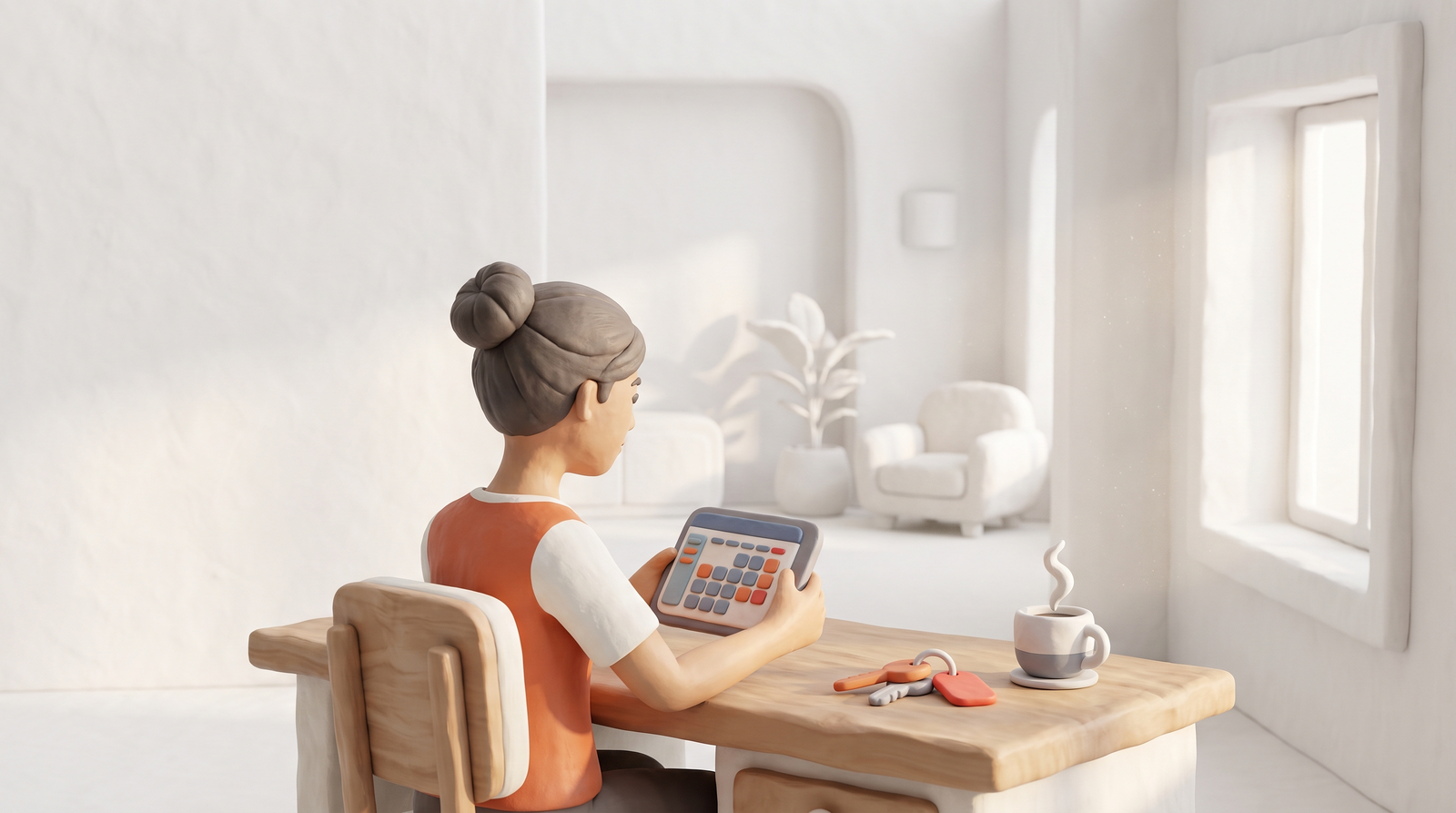 Owner homestay menyemak kalendar booking di tablet dalam apartment yang terang