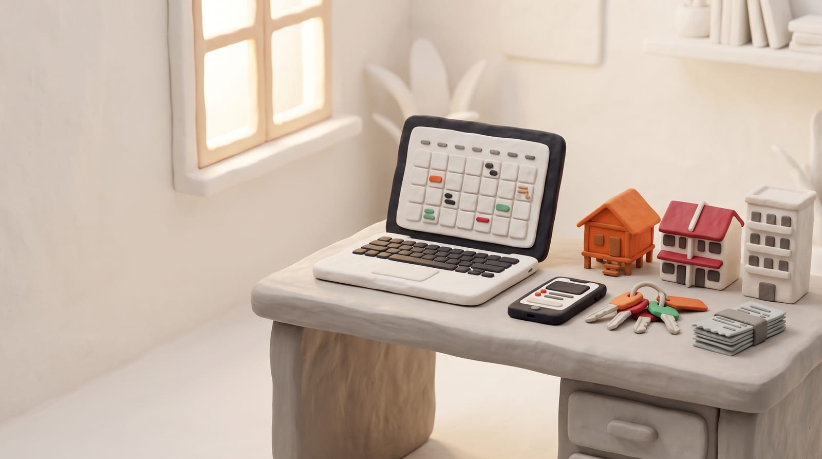 A homestay operator's desk with a laptop showing a calendar, house keys, receipts and three small model houses