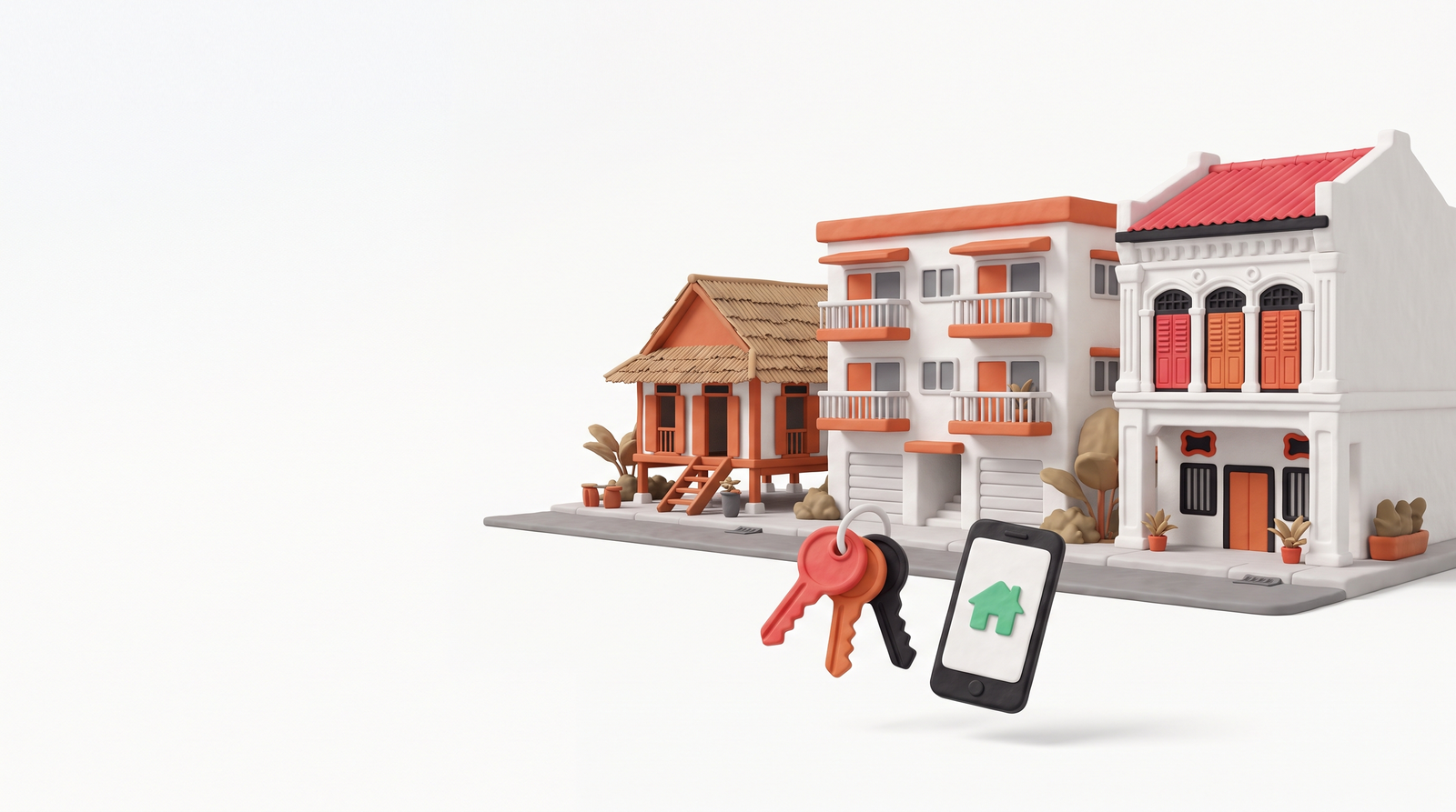 A kampung house, an apartment block and a shophouse side by side, with keys and a phone in front