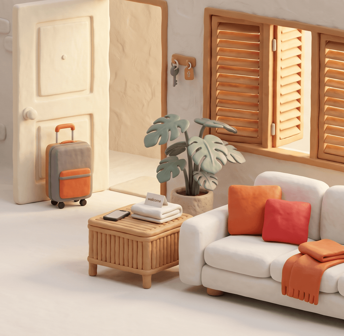 A homestay living room with the door open, a guest's bag, keys on the hook and a welcome card on the table