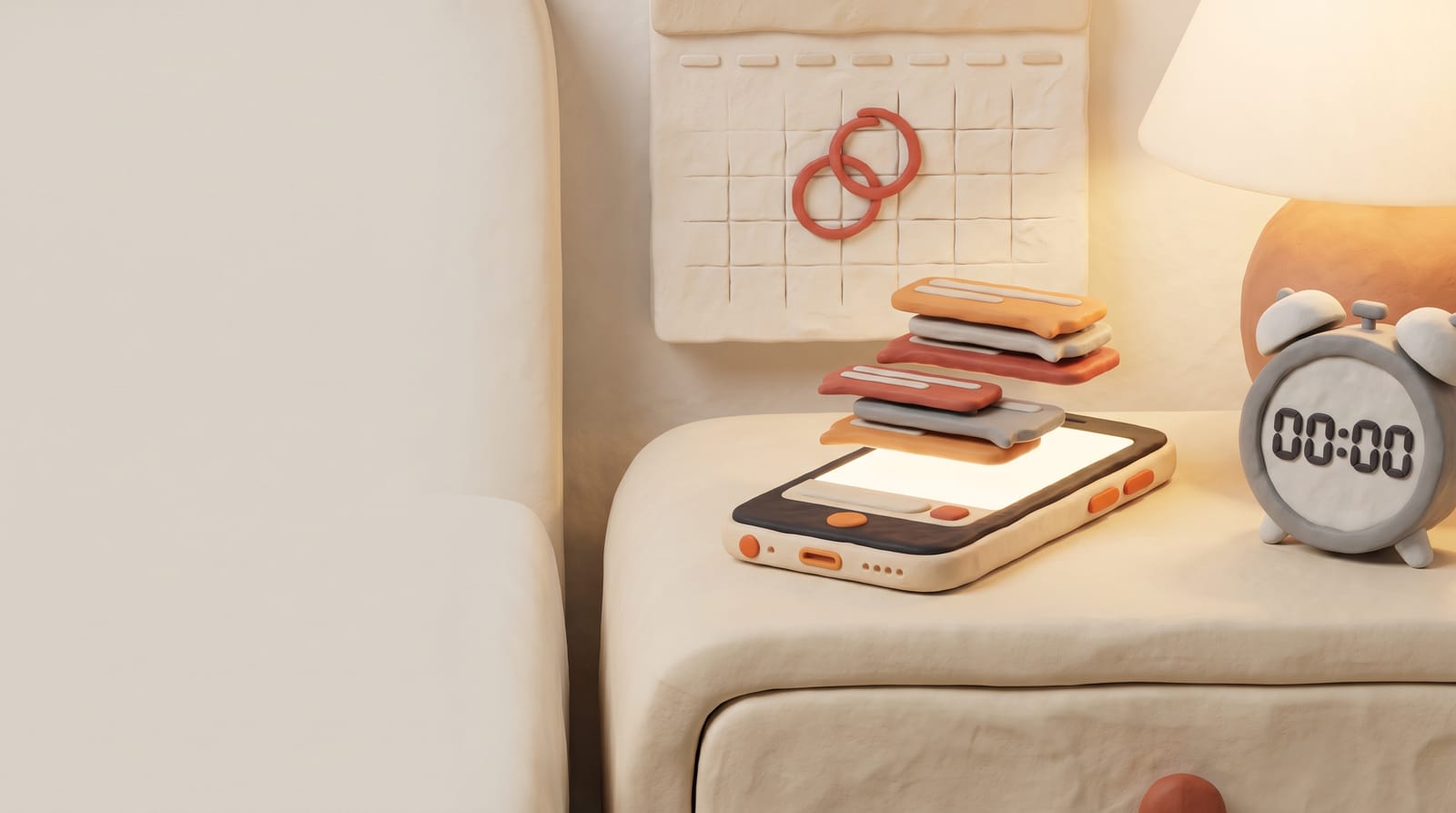 A phone on a bedside table at midnight full of messages, with a calendar showing two overlapping bookings