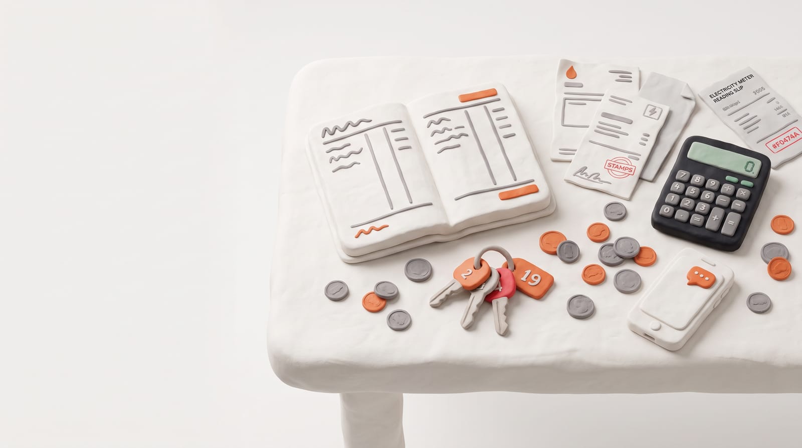 A landlord's desk with a rent notebook, utility bills, a calculator, coins and numbered room keys