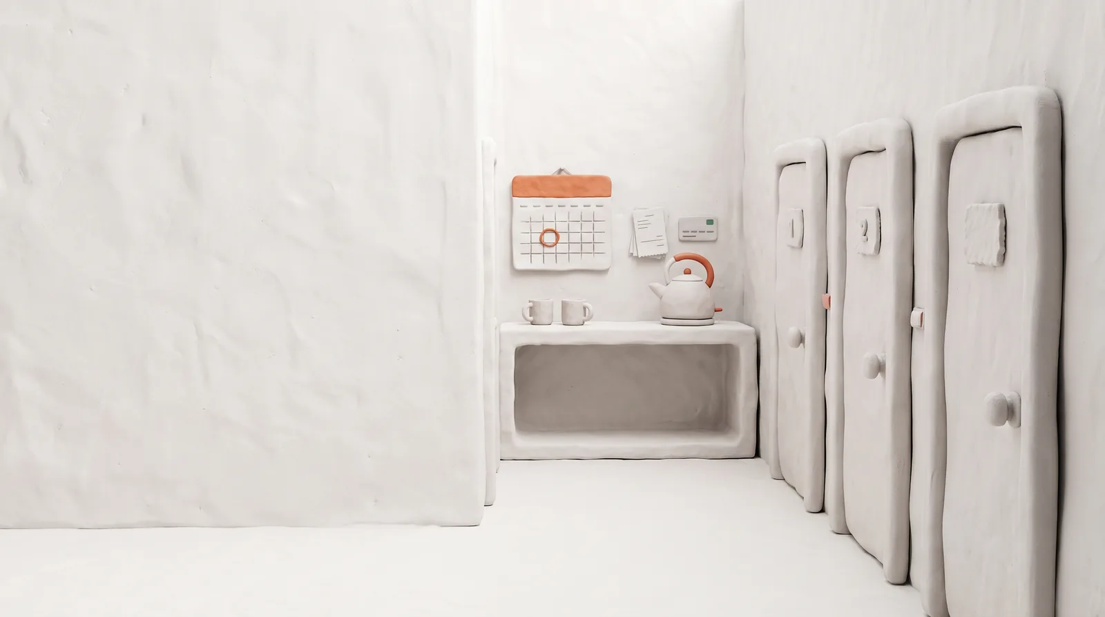 A rental house corridor with three bedroom doors, a shared kitchen, a rent day calendar and receipts
