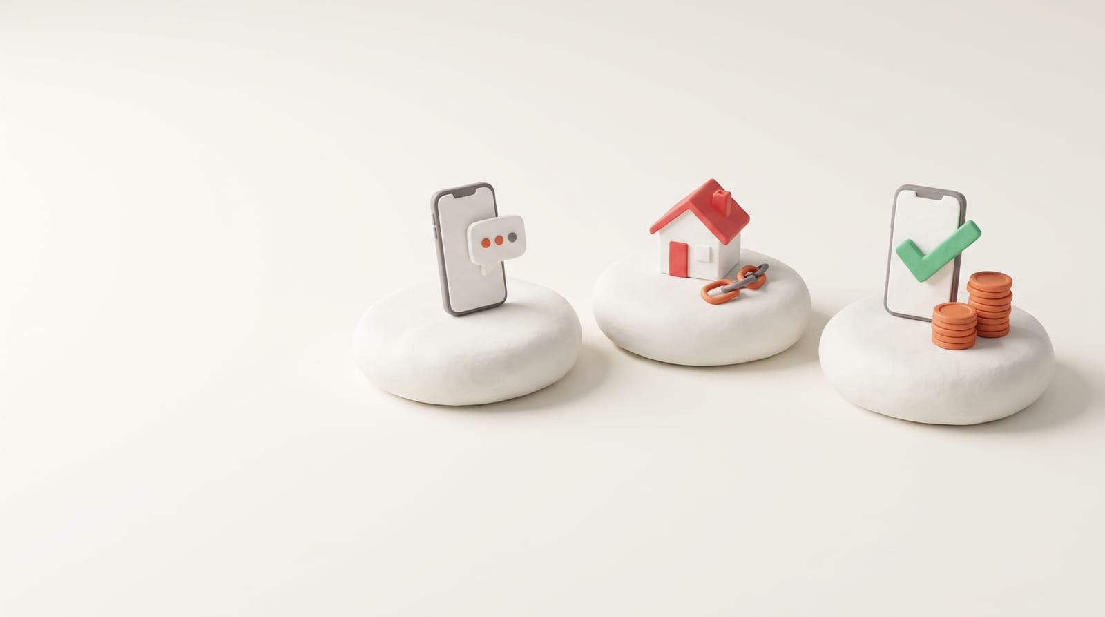 Three stepping stones: a phone with a message, a house with a link, and a phone with a tick and coins